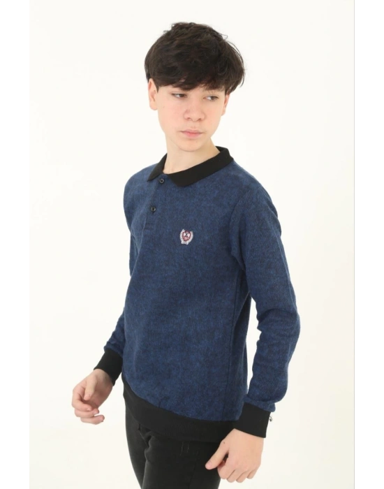 Selanik Yaka Nakışlı Kazak - Lacivert -