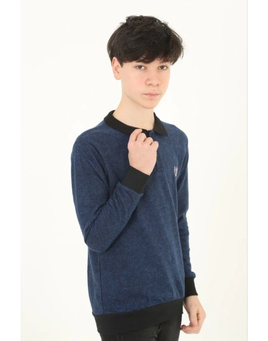 Selanik Yaka Nakışlı Kazak - Lacivert -