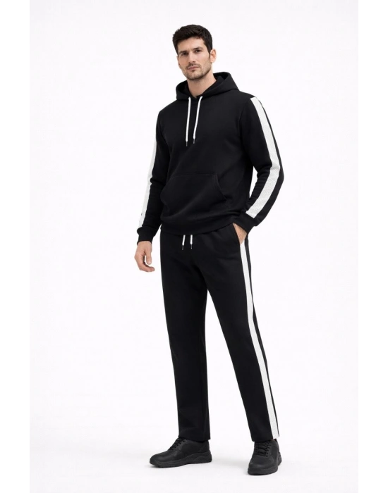 Şeritli Eşofman Takım Kapüşonlu Sweatshirt Boru Paça Alt, Oversize 3 iplik Pamuklu - Siyah