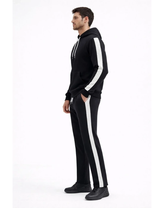 Şeritli Eşofman Takım Kapüşonlu Sweatshirt Boru Paça Alt, Oversize 3 iplik Pamuklu - Siyah