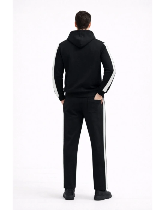Şeritli Eşofman Takım Kapüşonlu Sweatshirt Boru Paça Alt, Oversize 3 iplik Pamuklu - Siyah