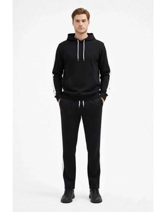 Şeritli Eşofman Takım Kapüşonlu Sweatshirt Boru Paça Alt, Oversize 3 iplik Pamuklu - Siyah