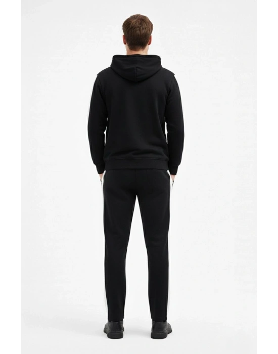 Şeritli Eşofman Takım Kapüşonlu Sweatshirt Boru Paça Alt, Oversize 3 iplik Pamuklu - Siyah