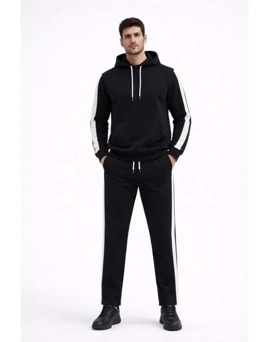 Şeritli Eşofman Takım Kapüşonlu Sweatshirt Boru Paça Alt, Oversize 3 iplik Pamuklu - Siyah