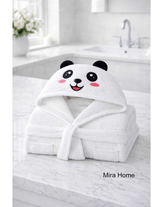 Sevimli Panda Nakışlı Beyaz Pamuklu Kapşonlu Çocuk Bornozu