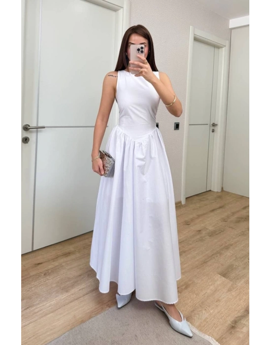 Sifir Kol Beli Oturtmalı Kolsuz Uzun Elbise - Beyaz -