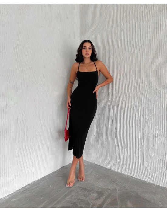 Sırt Bağlamalı Derin Yirtmaç Askılı Elbise - Siyah