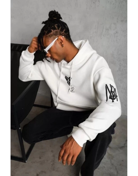 Sırt Baskılı Kapüşonlu Üç İplik Oversize Sweatshirt - Beyaz