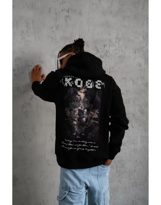 Sırt Baskılı Kapüşonlu Üç İplik Oversize Sweatshirt - Siyah