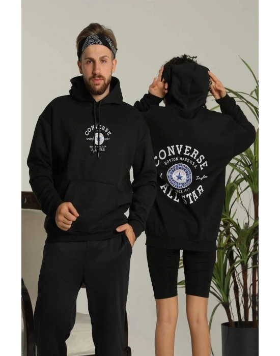 Sırt Baskılı Oversize Üç İplik Kapüşonlu Hoodie Sweatshirt - Siyah