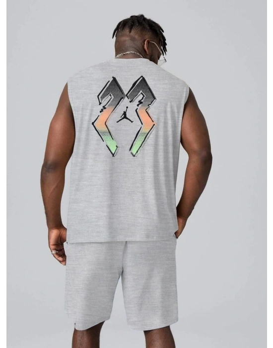 Sırt Baskılı Sıfır Kol İkili Şort Takım - Gri