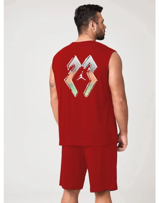 Sırt Baskılı Sıfır Kol İkili Şort Takım - Kırmızı