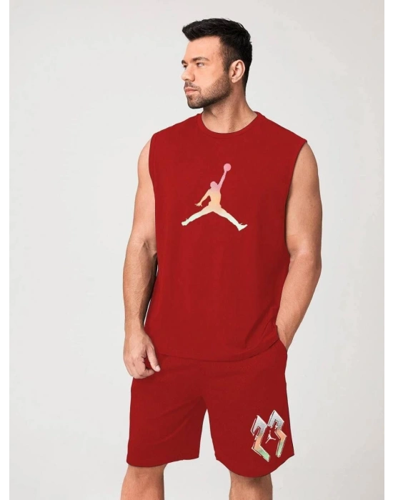 Sırt Baskılı Sıfır Kol İkili Şort Takım - Kırmızı