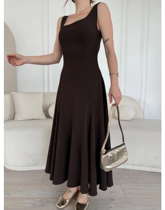 Sırt Dekolteli Kolsuz Uzun Elbise - Kahverengi -