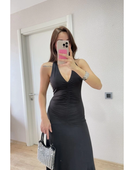 Sırt dekolteli Uzun Elbise - Siyah -