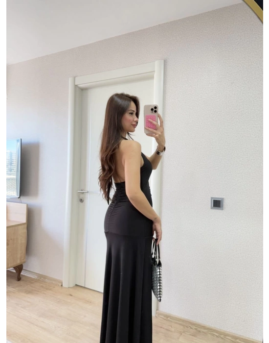 Sırt dekolteli Uzun Elbise - Siyah -