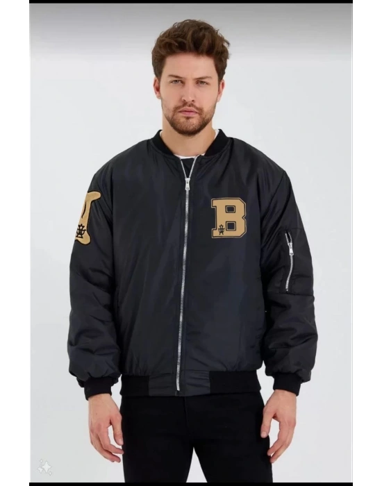 Siyah Bomber Kolej Mont – B Harfi ve Kemik Baskılı -