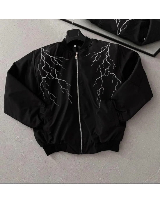 Siyah Bomber Mont – Beyaz Şimşek Desenli -