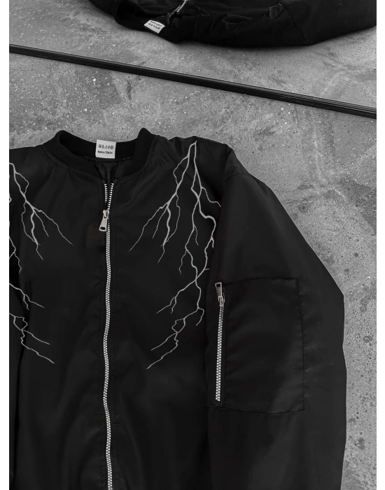 Siyah Bomber Mont – Beyaz Şimşek Desenli -
