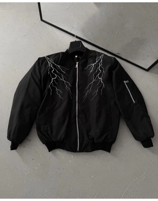 Siyah Bomber Mont – Beyaz Şimşek Desenli -