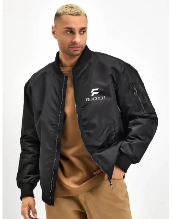 Siyah Bomber Mont – Fergolli Logo Baskılı -