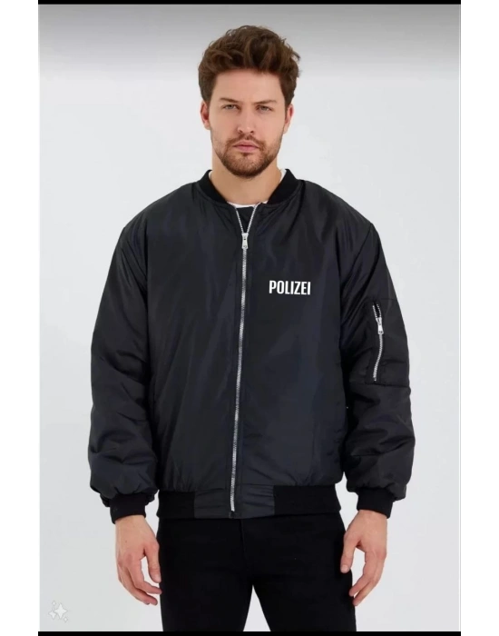 Siyah Bomber Mont – POLIZEI Yazılı, Siyah -