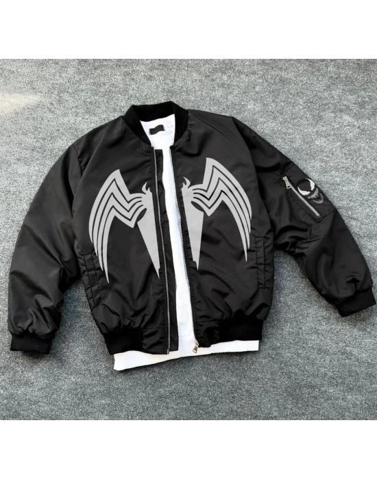 Siyah Bomber Mont – Venom Beyaz Örümcek Logolu,- Siyah -