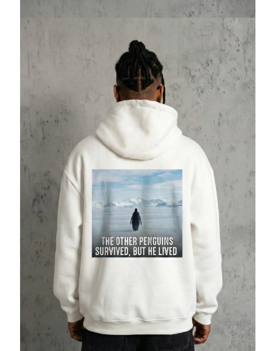 Siyah Oversize - Sırt Baskılı Survivor Penguin Temalı Felsefi Yazılı Kapüşonlu - Beyaz
