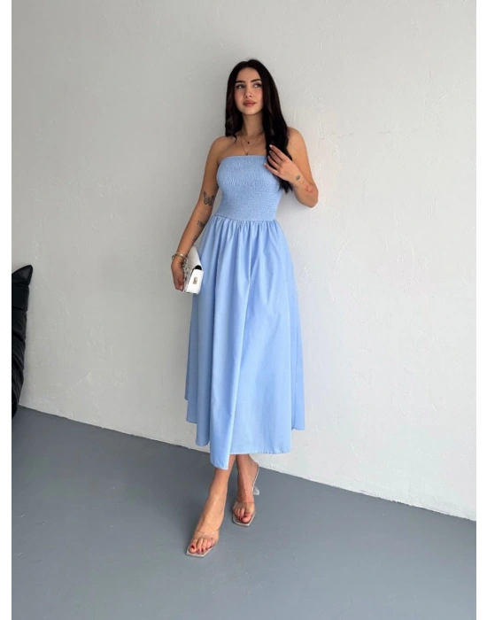 Straplez Pileli Elbise - Açık Mavi -