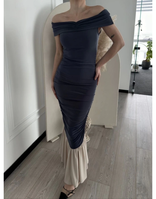 Striptiz Omuzlu Uzun Elbise- Füme -