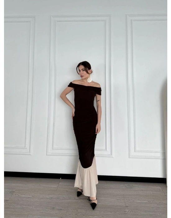 Striptiz Omuzlu Uzun Elbise- Kahve -