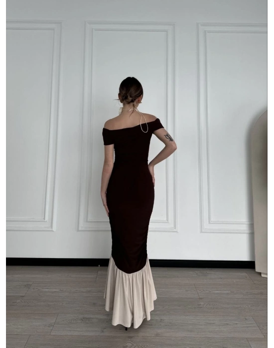 Striptiz Omuzlu Uzun Elbise- Kahve -