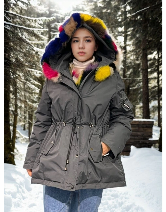 Su Geçirmez Kapüşonlu Mont - Füme -