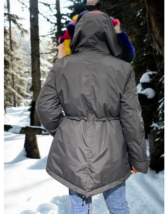 Su Geçirmez Kapüşonlu Mont - Füme -