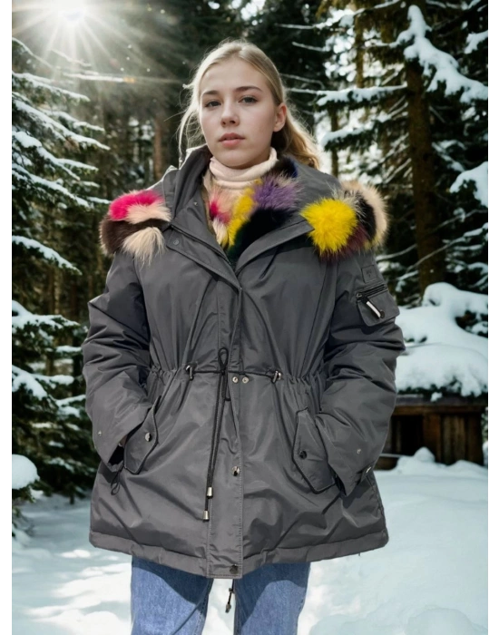 Su Geçirmez Kapüşonlu Mont - Füme -