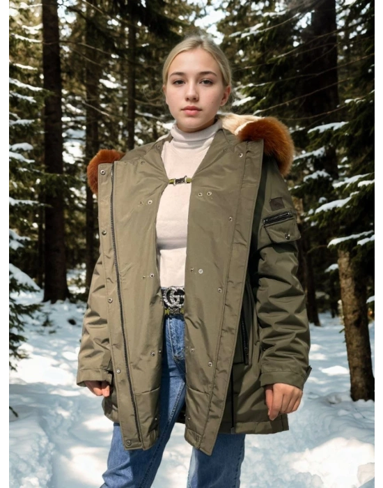 Su Geçirmez Kapüşonlu Mont - Haki -