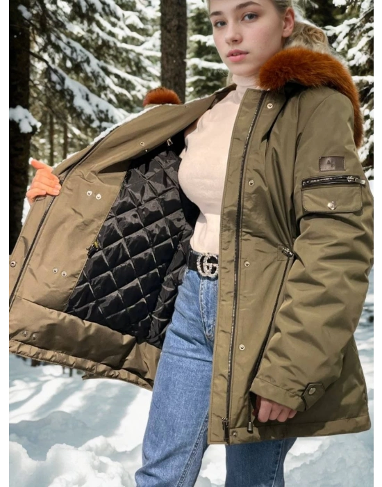 Su Geçirmez Kapüşonlu Mont - Haki -