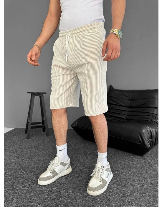 Su Yolu Çizgili Ön Arka Cepli Şort Yazlık Nefes Alabilir - Bej -