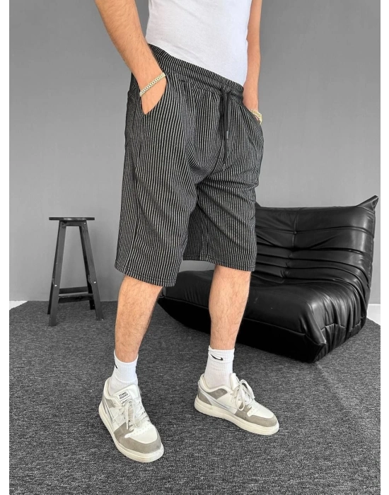 Su Yolu Çizgili Ön Arka Cepli Şort Yazlık Nefes Alabilir - Siyah -