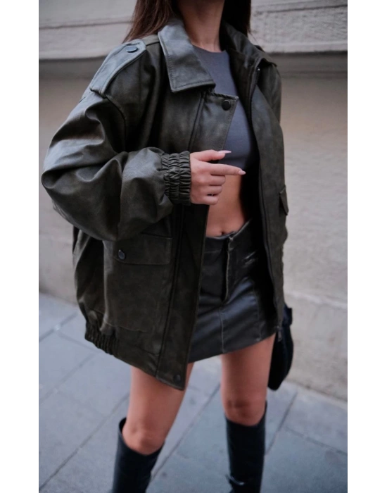 Suni Deri Pilot Ceket -