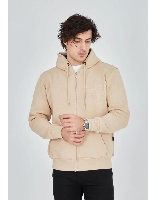 Tam Fermuarlı Kapşonlu  SweatShirt - Bej -