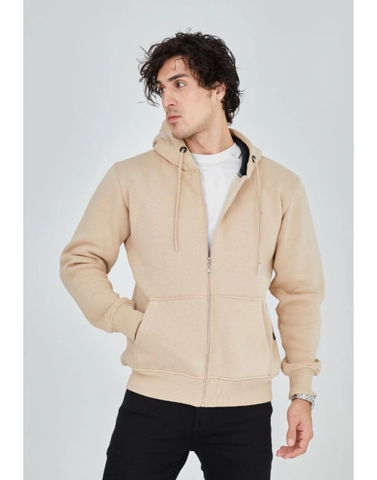Tam Fermuarlı Kapşonlu  SweatShirt - Bej -