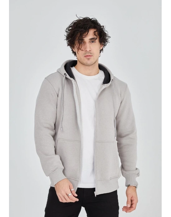 Tam Fermuarlı Kapşonlu  SweatShirt - Boyalı Gri