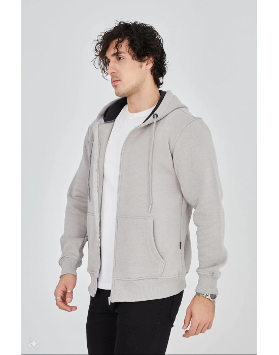 Tam Fermuarlı Kapşonlu  SweatShirt - Boyalı Gri