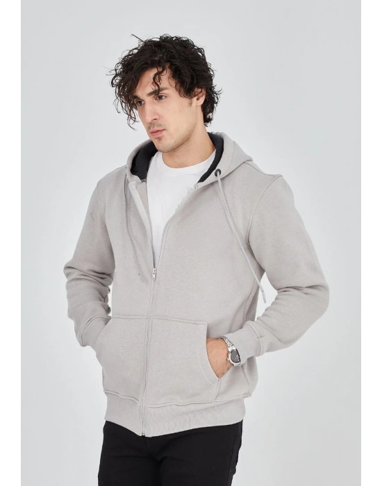 Tam Fermuarlı Kapşonlu  SweatShirt - Boyalı Gri