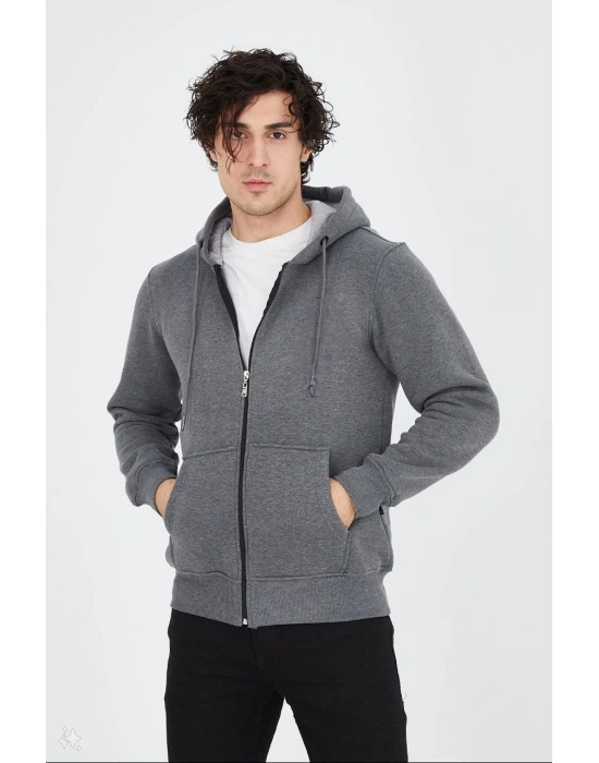 Tam Fermuarlı Kapşonlu  SweatShirt - Füme -