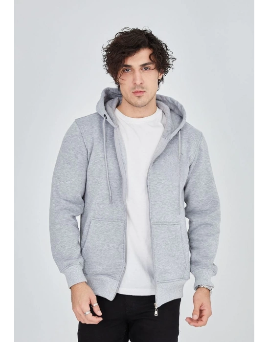 Tam Fermuarlı Kapşonlu  SweatShirt - Gri