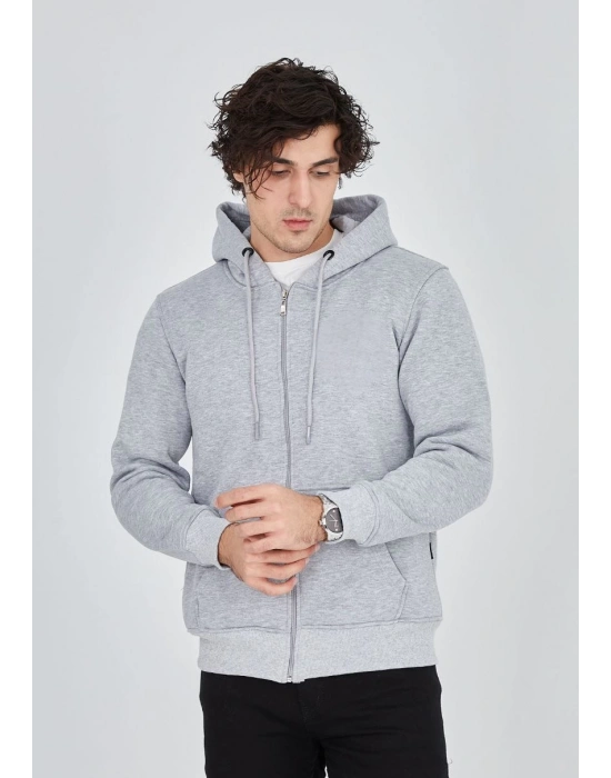 Tam Fermuarlı Kapşonlu  SweatShirt - Gri