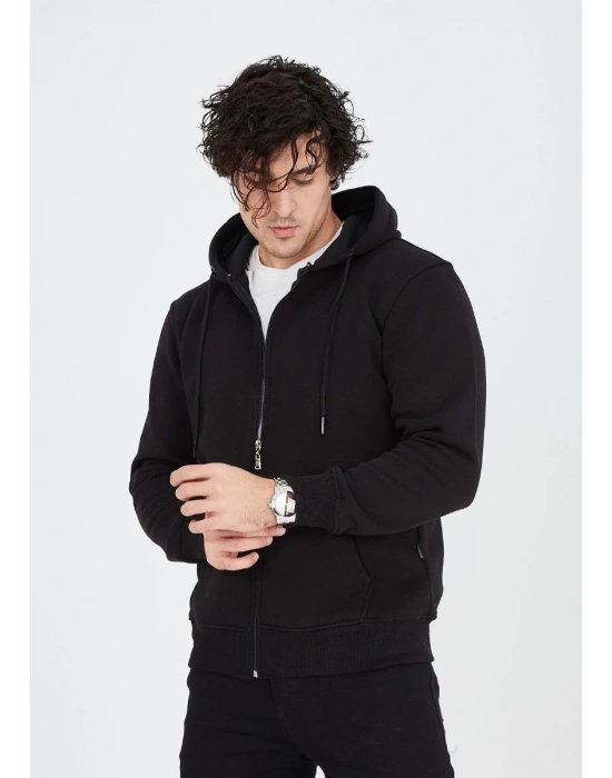 Tam Fermuarlı Kapşonlu  SweatShirt - Siyah -