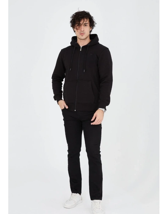 Tam Fermuarlı Kapşonlu  SweatShirt - Siyah -